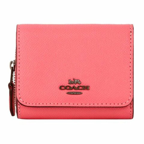【COACH】馬車LOGO素面皮革零錢短夾-粉桃色
