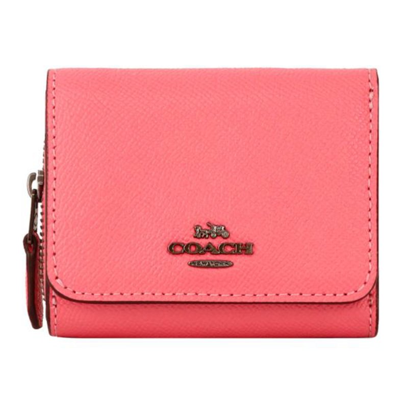 【COACH】馬車LOGO素面皮革零錢短夾-粉桃色-0