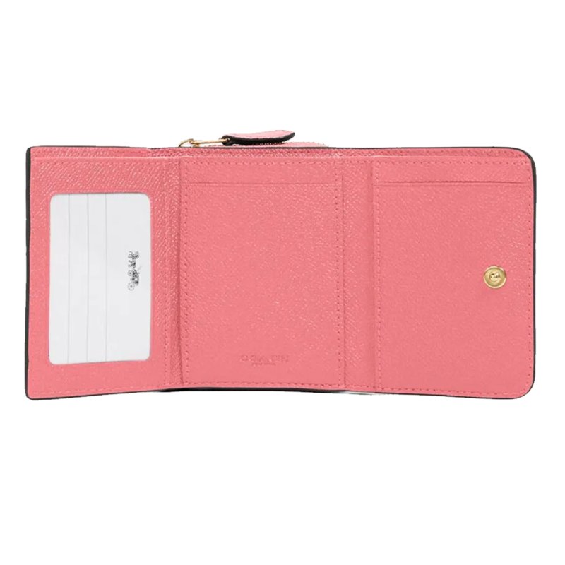 【COACH】馬車LOGO素面皮革零錢短夾-粉桃色-3