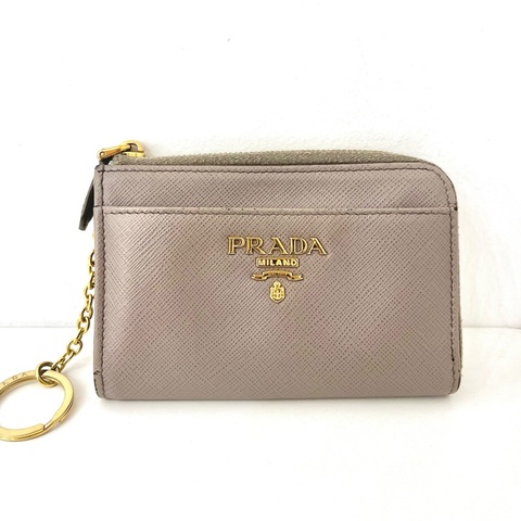 Prada 稀有大象灰 奶茶色鑰匙零錢包 Saffiano