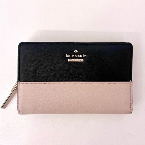 Kate Spade 防刮十字紋拼色雙折中夾錢包 黑色 x 杏色 Cameron Street Dara