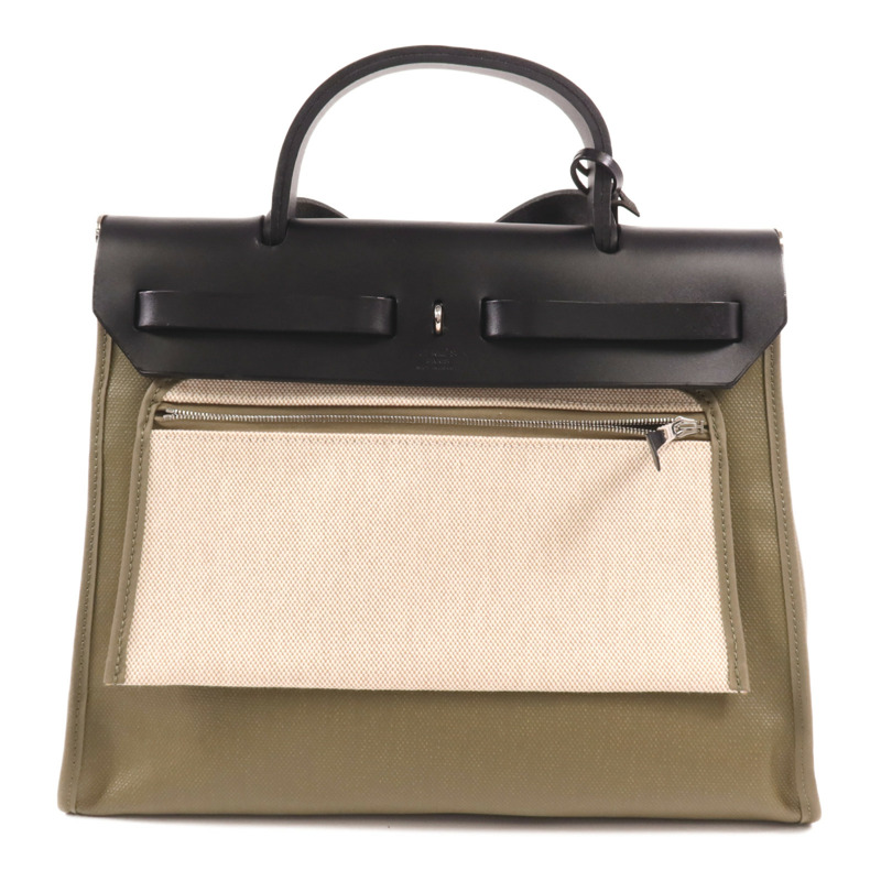 HERMES 塗層帆布Herbag PM銀扣手挽肩背兩用袋Lichen/Noir-1
