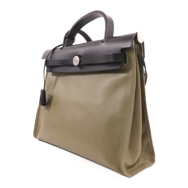 HERMES 塗層帆布Herbag PM銀扣手挽肩背兩用袋Lichen/Noir-2