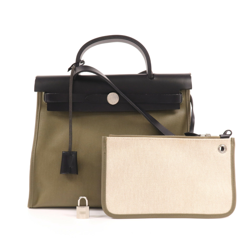 HERMES 塗層帆布Herbag PM銀扣手挽肩背兩用袋Lichen/Noir-14