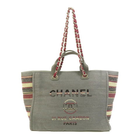 CHANEL 帆布Deauville Tote銀扣鏈帶手挽肩背兩用袋