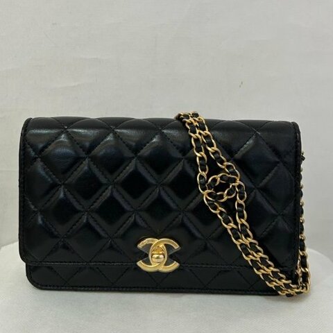 CHANEL黑羊皮金釦轉釦雙鍊WOC