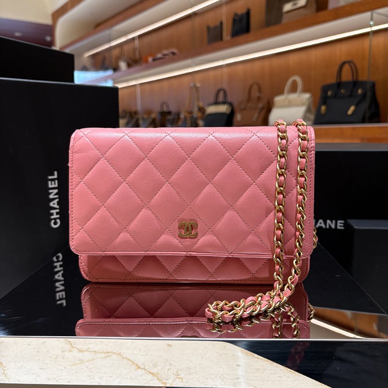 【現貨|快速出貨】Chanel Coco WOC 鏈帶錢包|櫻花粉羊皮 金色 95新|香奈兒經典斜背包-0