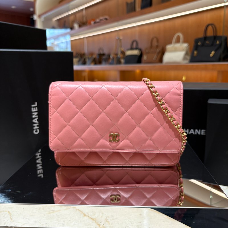 【現貨|快速出貨】Chanel Coco WOC 鏈帶錢包|櫻花粉羊皮 金色 95新|香奈兒經典斜背包-1
