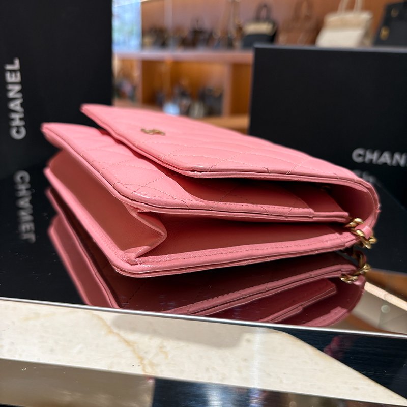 【現貨|快速出貨】Chanel Coco WOC 鏈帶錢包|櫻花粉羊皮 金色 95新|香奈兒經典斜背包-4