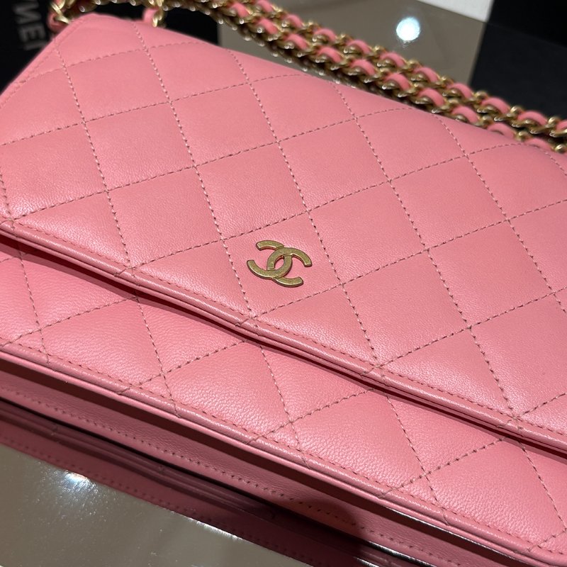【現貨|快速出貨】Chanel Coco WOC 鏈帶錢包|櫻花粉羊皮 金色 95新|香奈兒經典斜背包-5