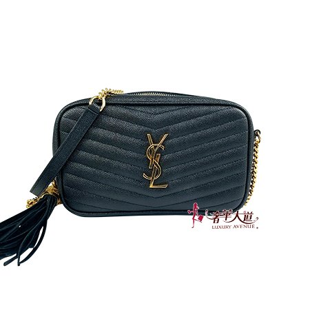 ＊奢華大道國際精品＊【Y098】YSL 黑色魚子醬牛皮 金色LOGO 拉鍊流蘇鍊帶相機包-0