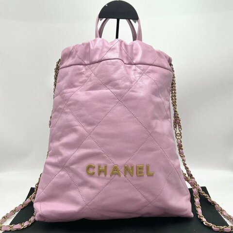 CHANEL 粉色金扣22bag 後背包 28*32*7 98新配件塵袋