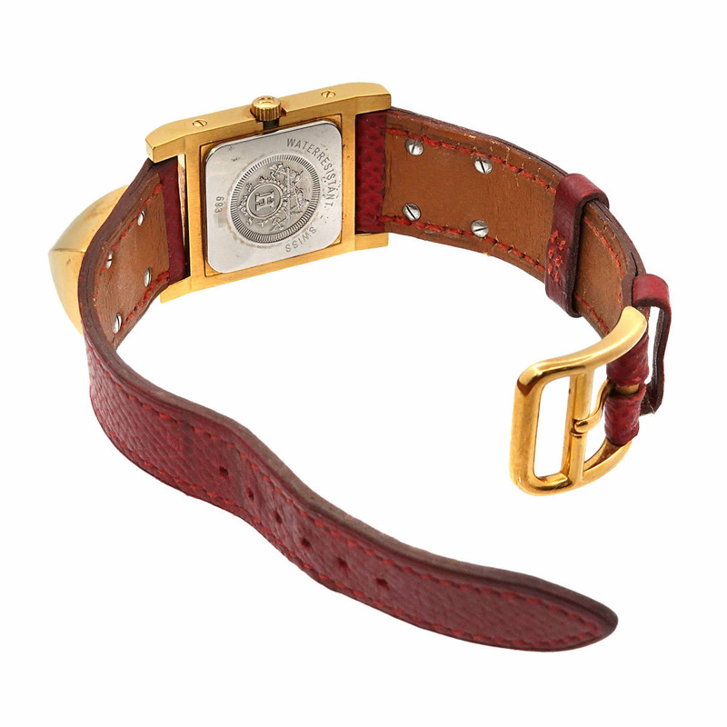 愛馬仕 Medor 女士金字塔金鉚釘腕錶,白色和紅色皮革錶帶,石英機芯-3