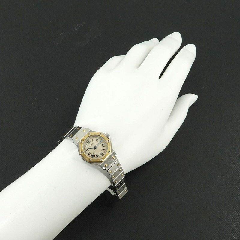 卡地亞 Santos Octagon SM 雙色腕錶 W2001683 女士腕錶，帶日期顯示，象牙色和黃金石英機芯-2
