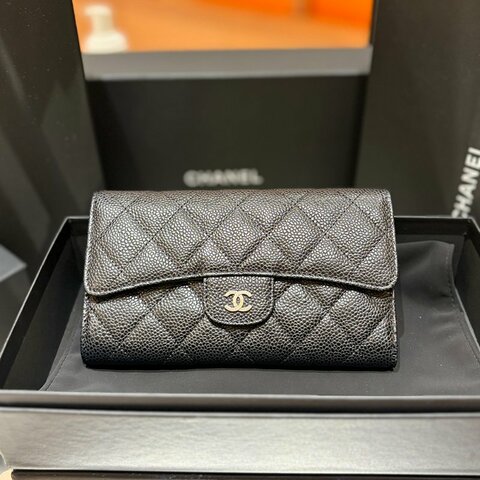 【現貨｜實用經典】Chanel CF 三折長夾｜魚子醬牛皮 × 銀釦｜19開｜香奈兒經典黑色皮夾｜百搭三折設計｜保卡盒裝完整