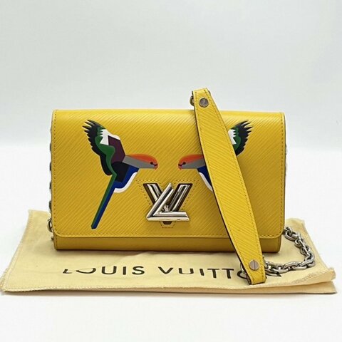 LV 琥珀黃銀扣限量秀款小鳥印花肩背斜背包19*12*3 98新配件塵袋