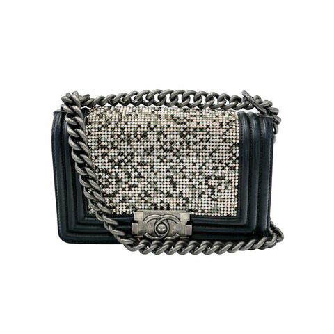 CHANEL香奈兒Boy20水鑽黑色皮革