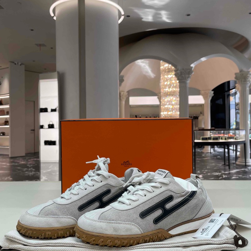 98新38碼 HERMES愛馬仕 Jet H撞色圓頭系帶德訓鞋 低幫休閒鞋 北極灰 /灰藍色 女款 附塵袋*專櫃價10000-0