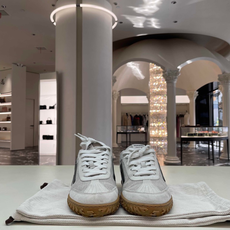 98新38碼 HERMES愛馬仕 Jet H撞色圓頭系帶德訓鞋 低幫休閒鞋 北極灰 /灰藍色 女款 附塵袋*專櫃價10000-1