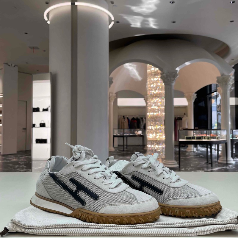 98新38碼 HERMES愛馬仕 Jet H撞色圓頭系帶德訓鞋 低幫休閒鞋 北極灰 /灰藍色 女款 附塵袋*專櫃價10000-2