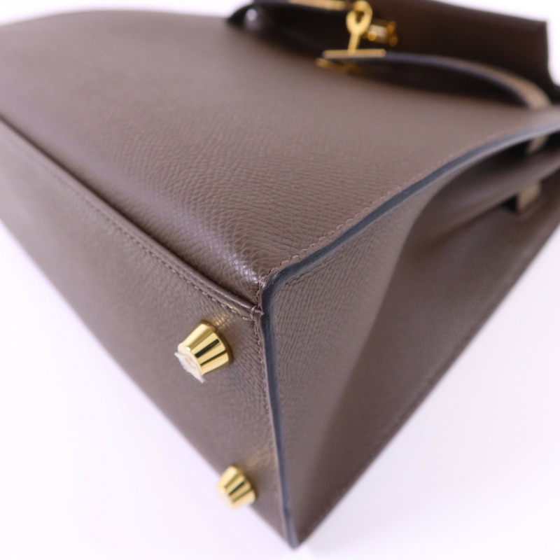 HERMES Epsom皮革Kelly 25金扣手挽肩背兩用袋Etoupe/Ecorce/Noir-11