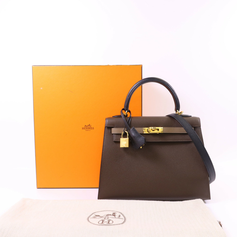 HERMES Epsom皮革Kelly 25金扣手挽肩背兩用袋Etoupe/Ecorce/Noir-16