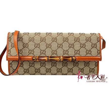 ＊奢華大道國際精品＊【G1798】GUCCI金棕色緹花布竹結磁釦手拿/斜背包 117594-0