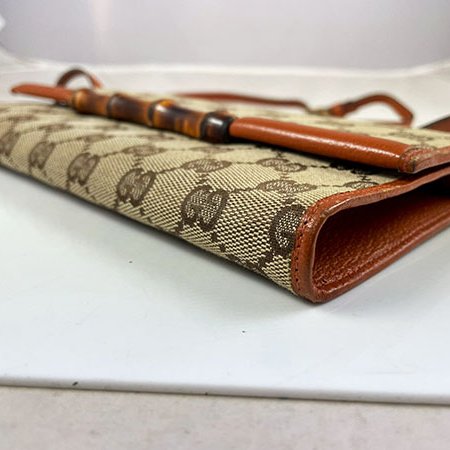 ＊奢華大道國際精品＊【G1798】GUCCI金棕色緹花布竹結磁釦手拿/斜背包 117594-7