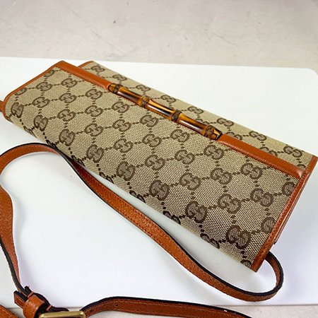 ＊奢華大道國際精品＊【G1798】GUCCI金棕色緹花布竹結磁釦手拿/斜背包 117594-10