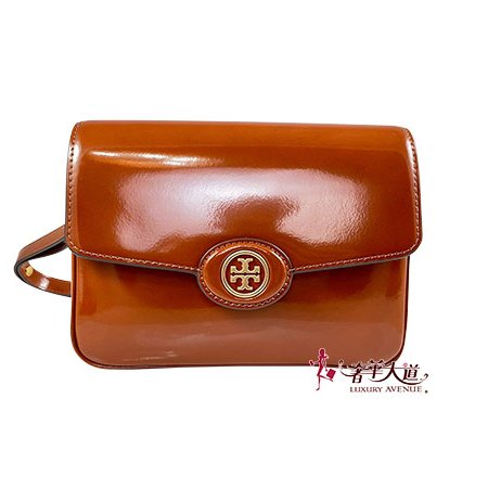 ＊奢華大道國際精品＊【Tb21】TORY BURCH 咖啡色漆皮 ROBINSON 金屬LOGO豆腐斜背包 143122-0