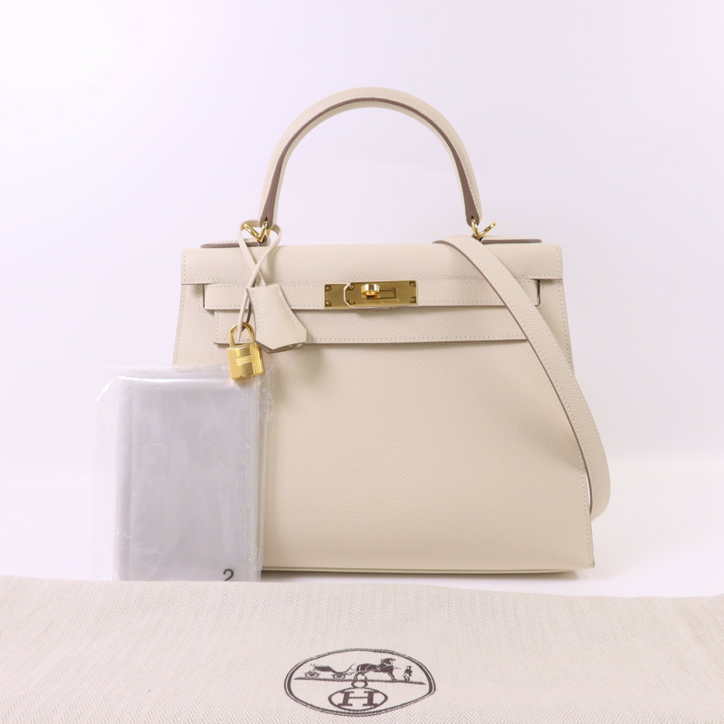 HERMES Epsom皮革Kelly 28金扣手挽肩背兩用袋Craie-18