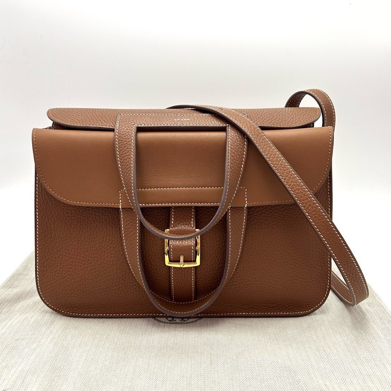 Hermes 愛馬仕halzan31/哈喇子包/肩背包/金棕金扣/98新美品-0