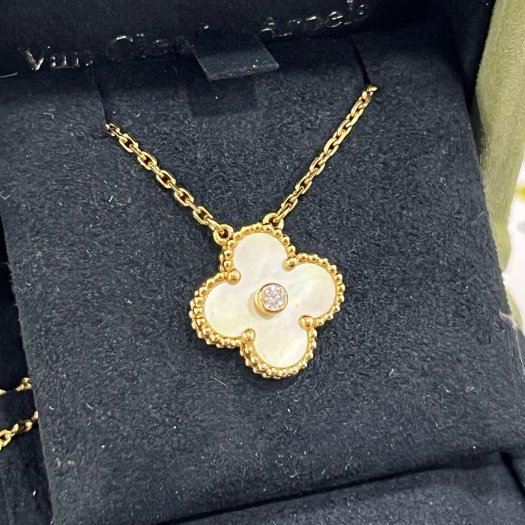 東區正精品㊣Van Cleef&Arpels VCA 梵克雅寶金色珍珠母貝單鑽鑽石四葉草幸運草項鍊 RZ6056 VINTAGE-3