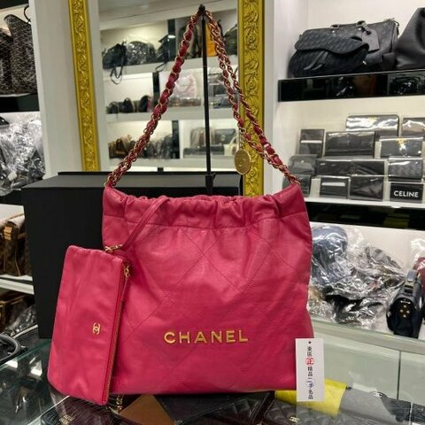 東區正精品㊣CHANEL 22 BAG AS3260 香奈兒桃紅色全皮金字金幣金鍊肩背包購物袋包小款 RZ6069