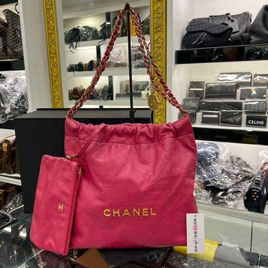 東區正精品㊣CHANEL 22 BAG AS3260 香奈兒桃紅色全皮金字金幣金鍊肩背包購物袋包小款 RZ6069-0