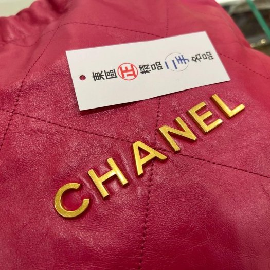 東區正精品㊣CHANEL 22 BAG AS3260 香奈兒桃紅色全皮金字金幣金鍊肩背包購物袋包小款 RZ6069-4
