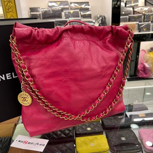 東區正精品㊣CHANEL 22 BAG AS3260 香奈兒桃紅色全皮金字金幣金鍊肩背包購物袋包小款 RZ6069-6