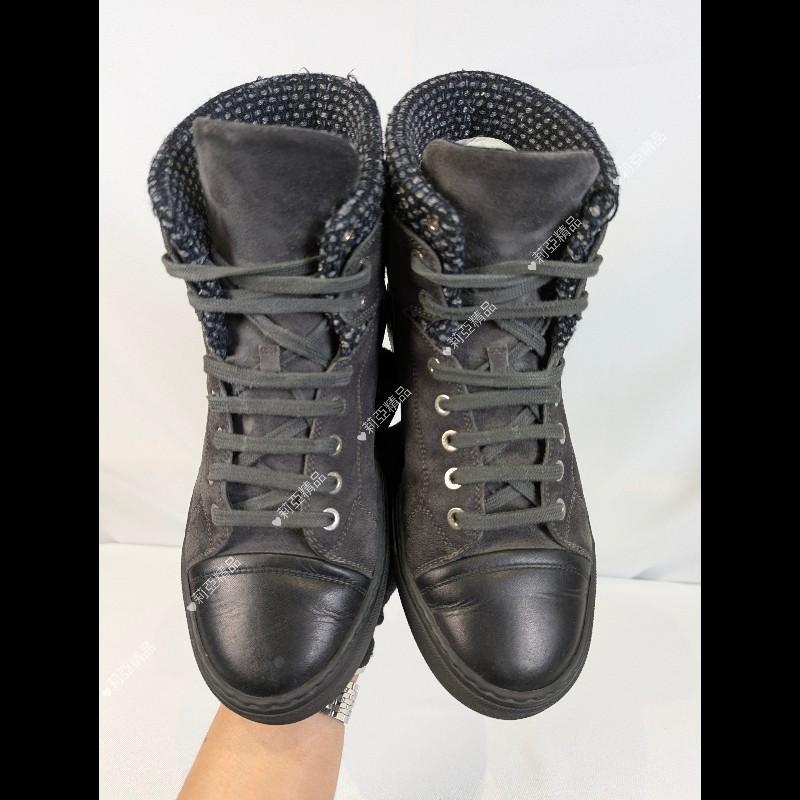 莉亞精品♡Chanel 麂皮拼接高筒休閒鞋 尺碼38.5 二手美品-4