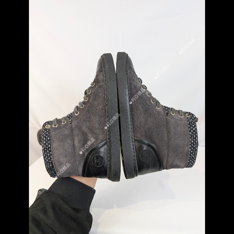莉亞精品♡Chanel 麂皮拼接高筒休閒鞋 尺碼38.5 二手美品-5