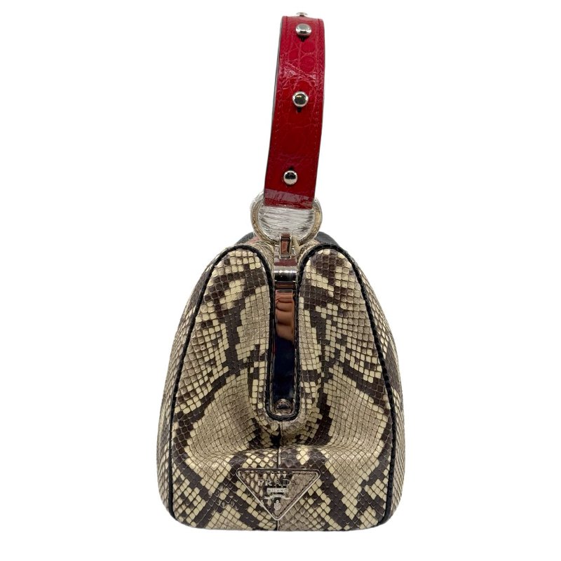 ［1766］普拉達 PRADA 蛇皮拼色手提包 黑色 蛇皮 銀扣-2