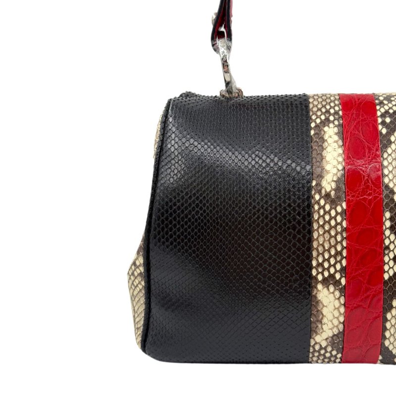 ［1766］普拉達 PRADA 蛇皮拼色手提包 黑色 蛇皮 銀扣-5