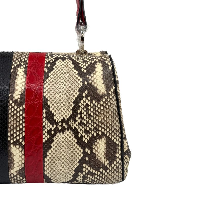 ［1766］普拉達 PRADA 蛇皮拼色手提包 黑色 蛇皮 銀扣-6