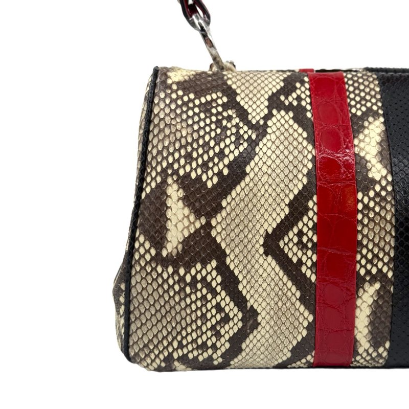 ［1766］普拉達 PRADA 蛇皮拼色手提包 黑色 蛇皮 銀扣-7