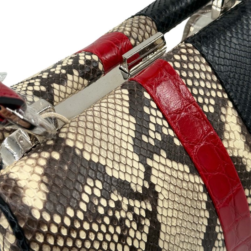 ［1766］普拉達 PRADA 蛇皮拼色手提包 黑色 蛇皮 銀扣-9