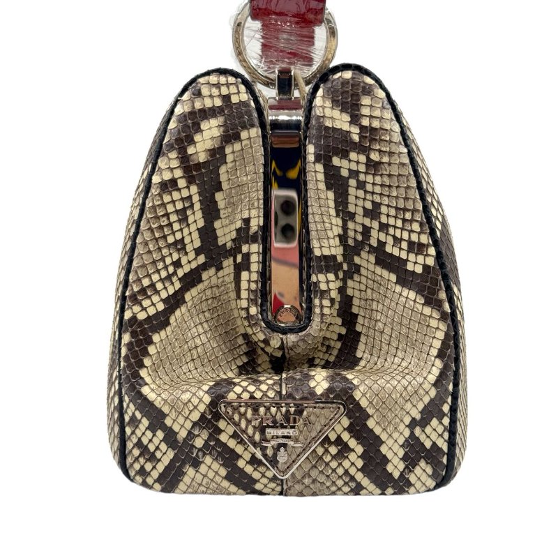 ［1766］普拉達 PRADA 蛇皮拼色手提包 黑色 蛇皮 銀扣-11