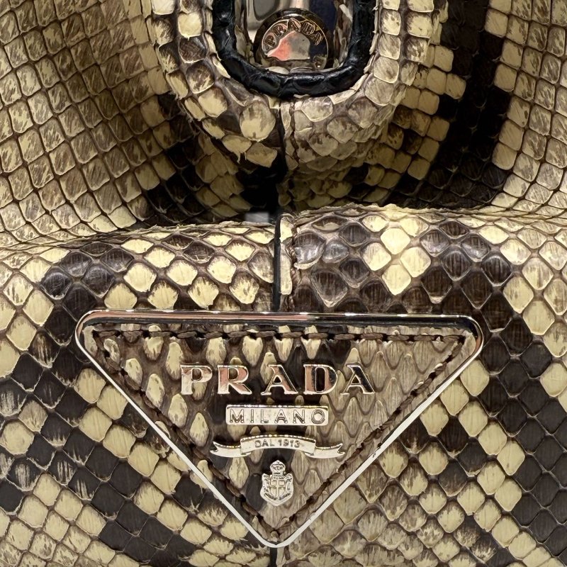 ［1766］普拉達 PRADA 蛇皮拼色手提包 黑色 蛇皮 銀扣-13