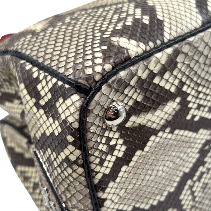 ［1766］普拉達 PRADA 蛇皮拼色手提包 黑色 蛇皮 銀扣-16