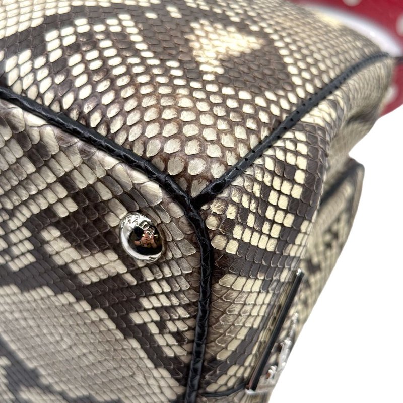 ［1766］普拉達 PRADA 蛇皮拼色手提包 黑色 蛇皮 銀扣-19