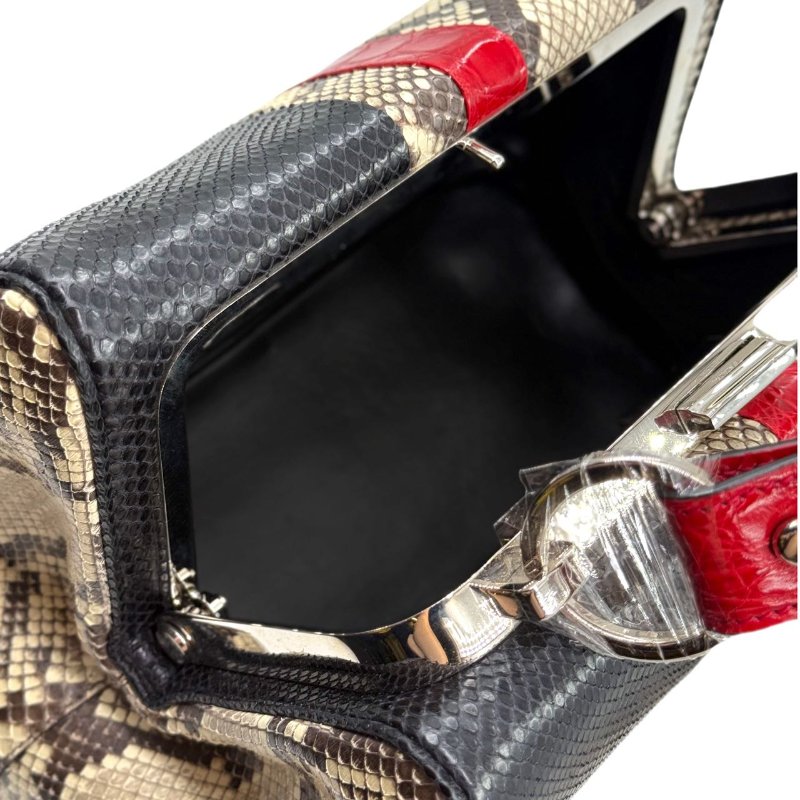 ［1766］普拉達 PRADA 蛇皮拼色手提包 黑色 蛇皮 銀扣-21