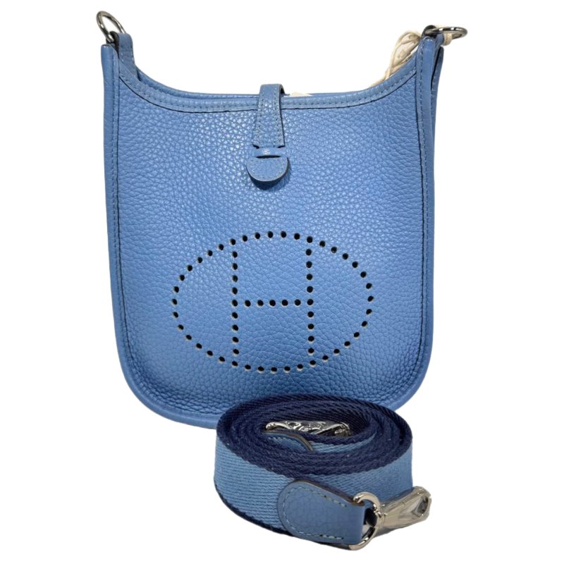 [2225］愛馬仕 Hermès Evelyne 16 銀扣 Taurillon Clemence牛皮 斜挎單肩包 迷你(希臘藍）Togo皮-0
